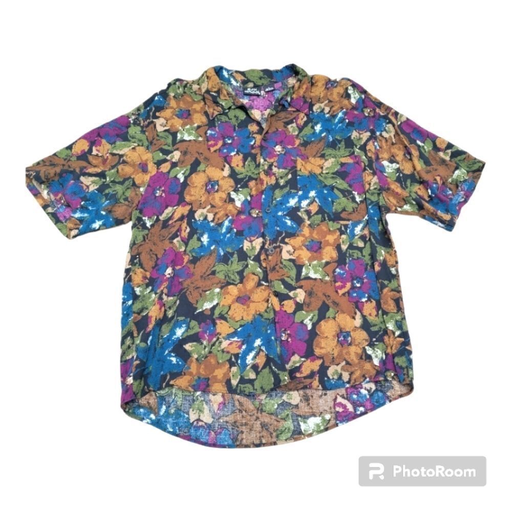 Bon Homme Vintage Floral Print Button Down Shirt Artsy Watercolor Hawaii Size L